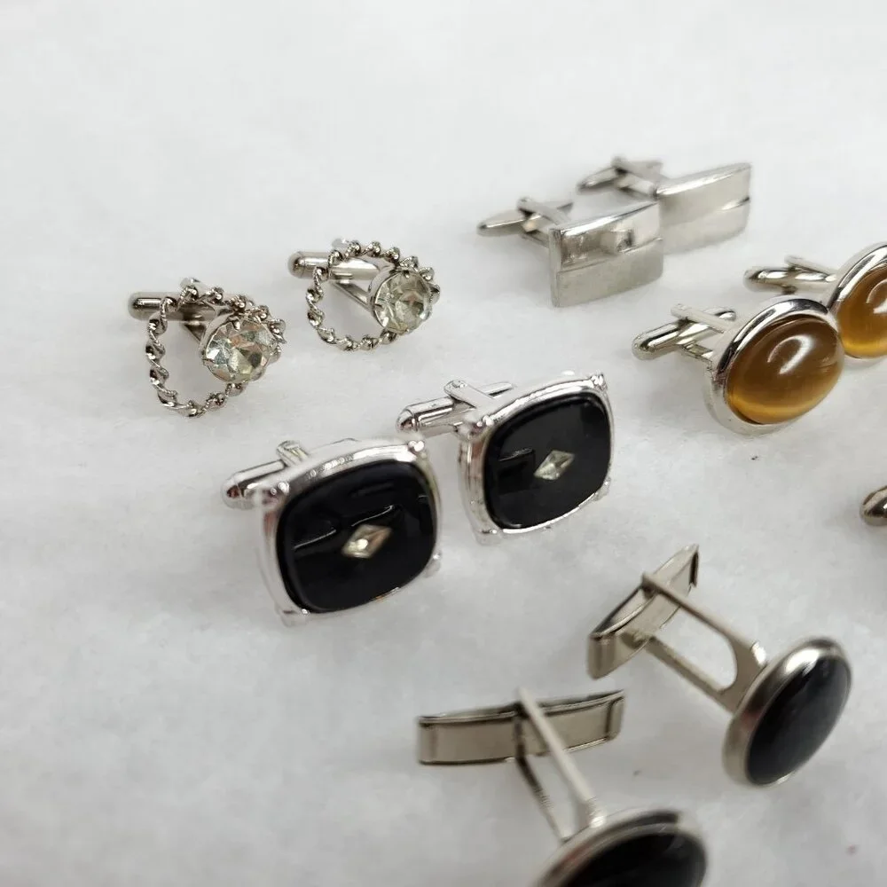 Vintage Cufflink Lot Silver Tone Black Brown Rhinestone 8 Pair